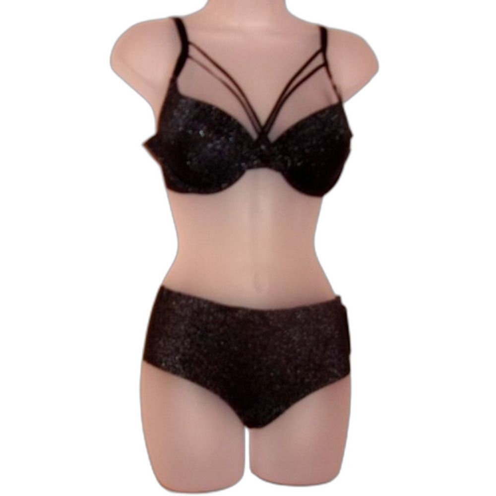 Youmita 34C Black Crossfront Glitter Bra & Medium Hipster Set NWT